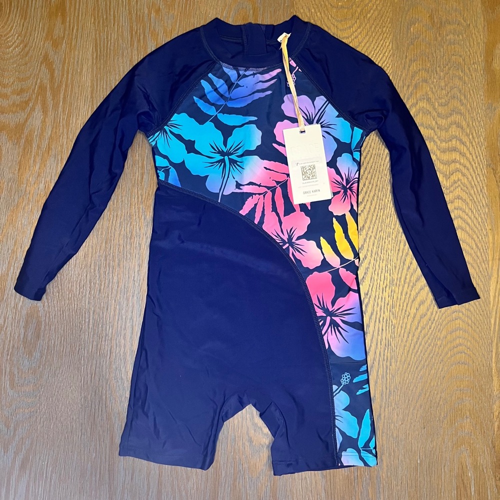 Grace KarinLong Sleeve Swimsuit Rash Guard Floral Print Navy Blue size 6